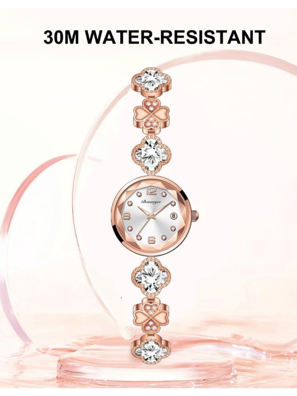 Women's Rose Gold Analog Quartz Vintage Hollow Four Leaf Chain Bracelet Watch - Picture 3 of 5